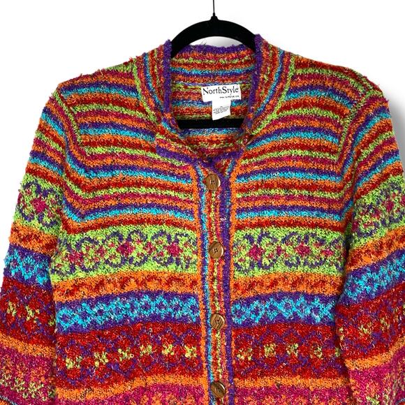 North Style Sweater Multicolor Striped Cardigan Rainbow Colorful Striped Medium - Picture 2 of 9